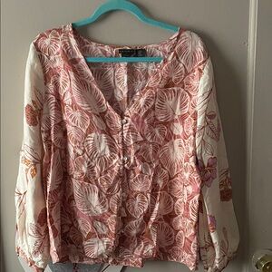 Tahari Pink and Cream Leaf Print Blouse
